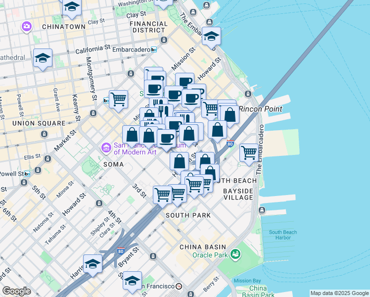 map of restaurants, bars, coffee shops, grocery stores, and more near 346 1st Street in San Francisco