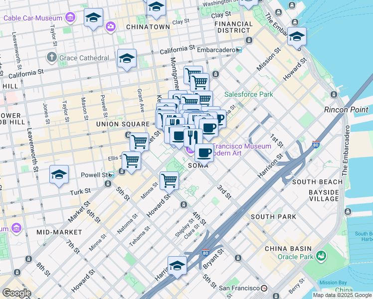 map of restaurants, bars, coffee shops, grocery stores, and more near 130 3rd Street in San Francisco