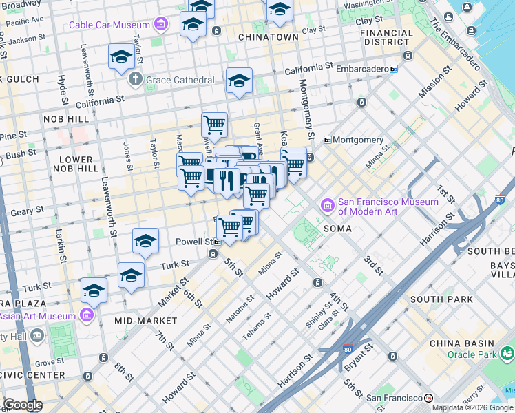 map of restaurants, bars, coffee shops, grocery stores, and more near 73 O'Farrell Street in San Francisco