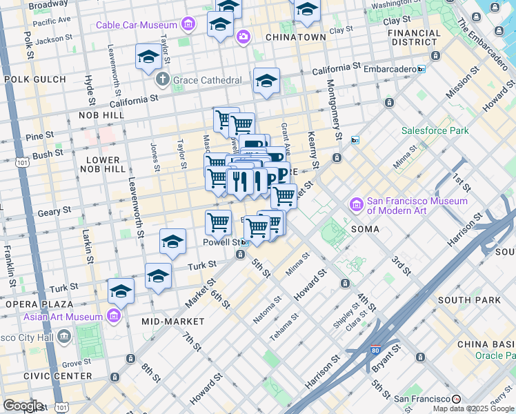 map of restaurants, bars, coffee shops, grocery stores, and more near in San Francisco