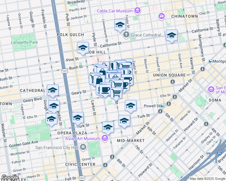map of restaurants, bars, coffee shops, grocery stores, and more near in San Francisco