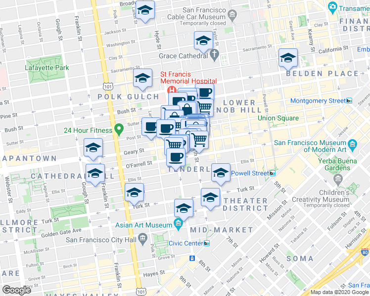 map of restaurants, bars, coffee shops, grocery stores, and more near in San Francisco