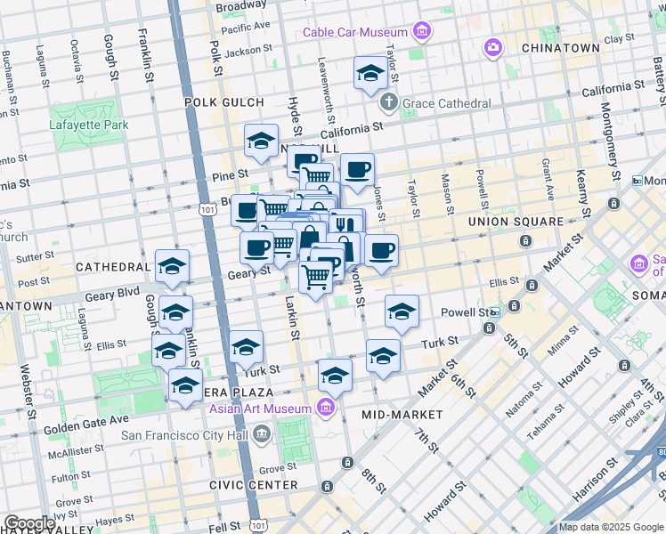 map of restaurants, bars, coffee shops, grocery stores, and more near 610 Hyde Street in San Francisco