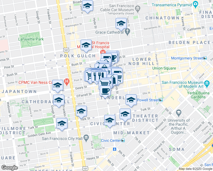 map of restaurants, bars, coffee shops, grocery stores, and more near 610 Hyde Street in San Francisco