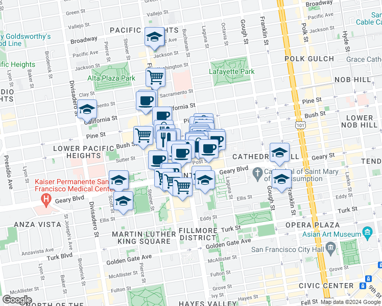 map of restaurants, bars, coffee shops, grocery stores, and more near in San Francisco