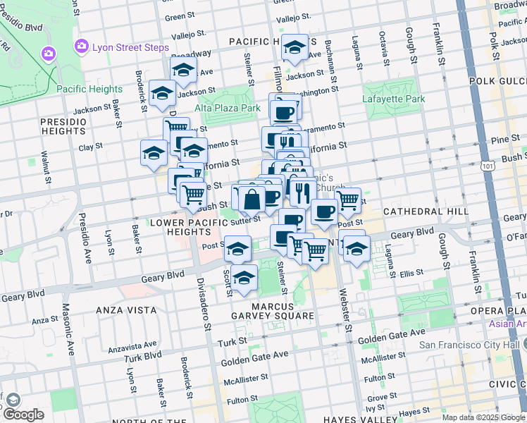 map of restaurants, bars, coffee shops, grocery stores, and more near 2353 Bush Street in San Francisco