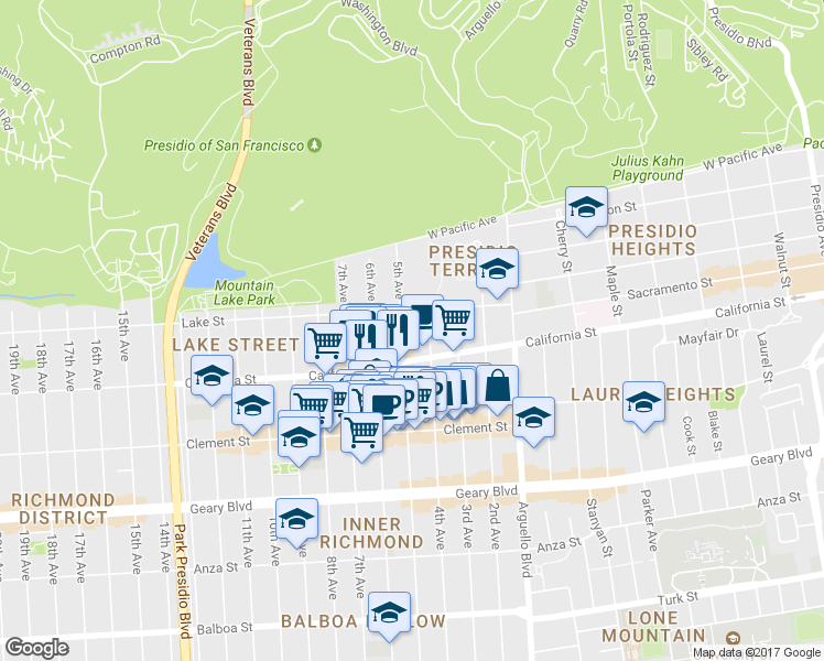 map of restaurants, bars, coffee shops, grocery stores, and more near 321 Lake Street in San Francisco