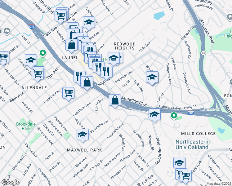map of restaurants, bars, coffee shops, grocery stores, and more near 4448 MacArthur Boulevard in Oakland