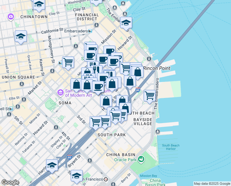 map of restaurants, bars, coffee shops, grocery stores, and more near 390 1st Street in San Francisco