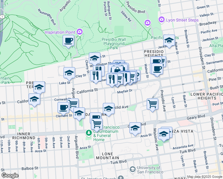 map of restaurants, bars, coffee shops, grocery stores, and more near 3624 California Street in San Francisco