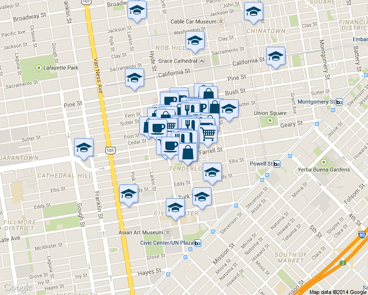 map of restaurants, bars, coffee shops, grocery stores, and more near in San Francisco