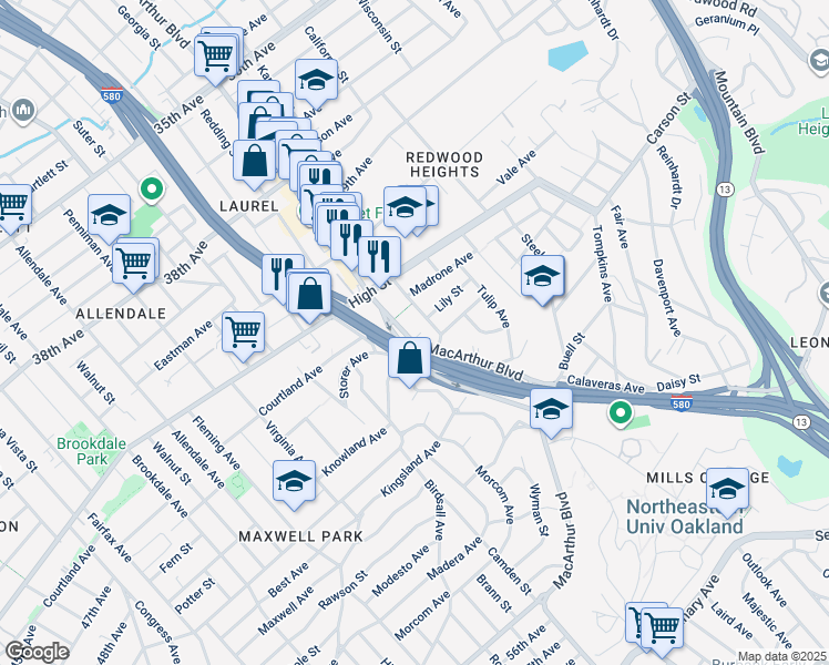 map of restaurants, bars, coffee shops, grocery stores, and more near 4448 MacArthur Boulevard in Oakland