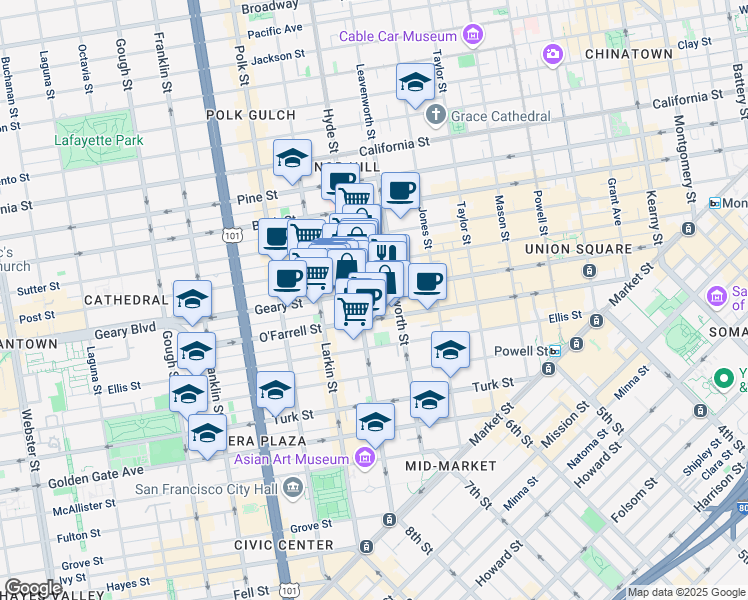 map of restaurants, bars, coffee shops, grocery stores, and more near 610 Hyde Street in San Francisco