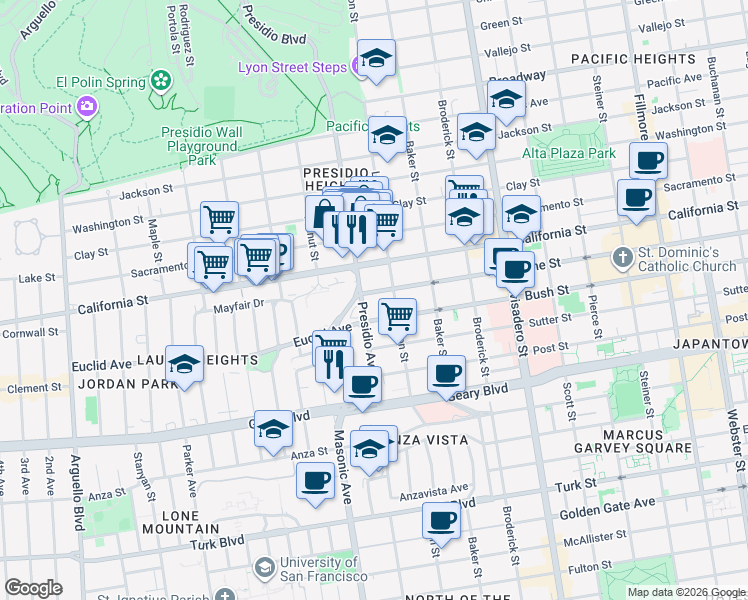 map of restaurants, bars, coffee shops, grocery stores, and more near 3053 Pine Street in San Francisco