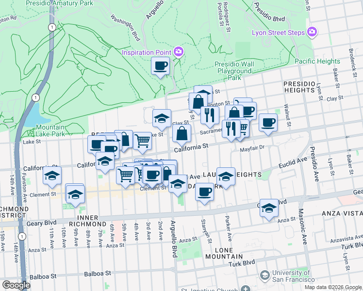 map of restaurants, bars, coffee shops, grocery stores, and more near in San Francisco