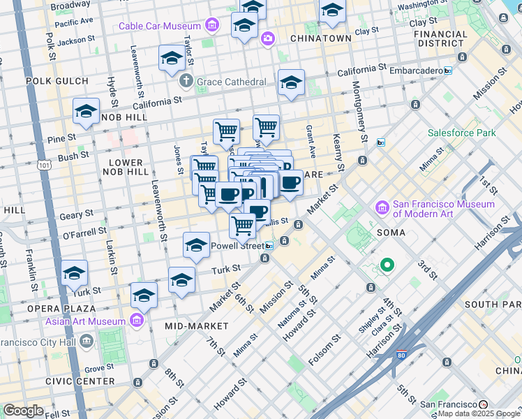 map of restaurants, bars, coffee shops, grocery stores, and more near 218 O'Farrell Street in San Francisco