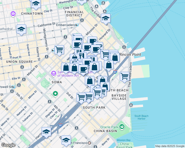 map of restaurants, bars, coffee shops, grocery stores, and more near 50 Lansing Street in San Francisco