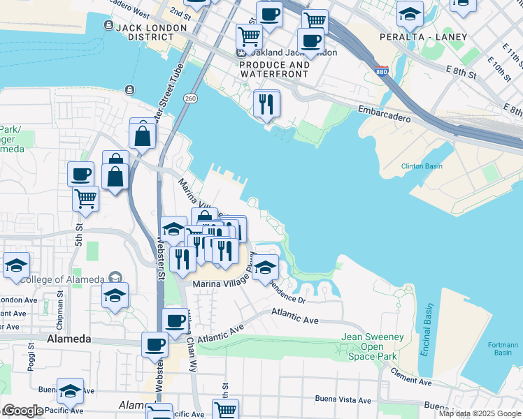 map of restaurants, bars, coffee shops, grocery stores, and more near 1084 Marina Village Parkway in Alameda
