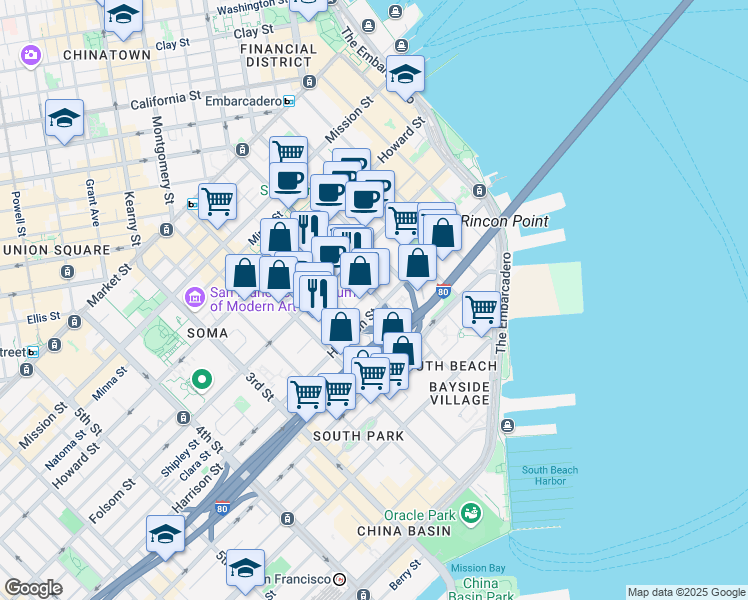map of restaurants, bars, coffee shops, grocery stores, and more near 390 1st Street in San Francisco