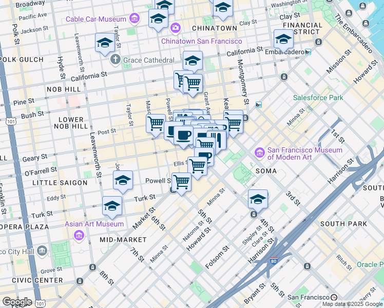 map of restaurants, bars, coffee shops, grocery stores, and more near 73 O'Farrell Street in San Francisco