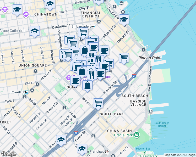 map of restaurants, bars, coffee shops, grocery stores, and more near 235 2nd Street in San Francisco