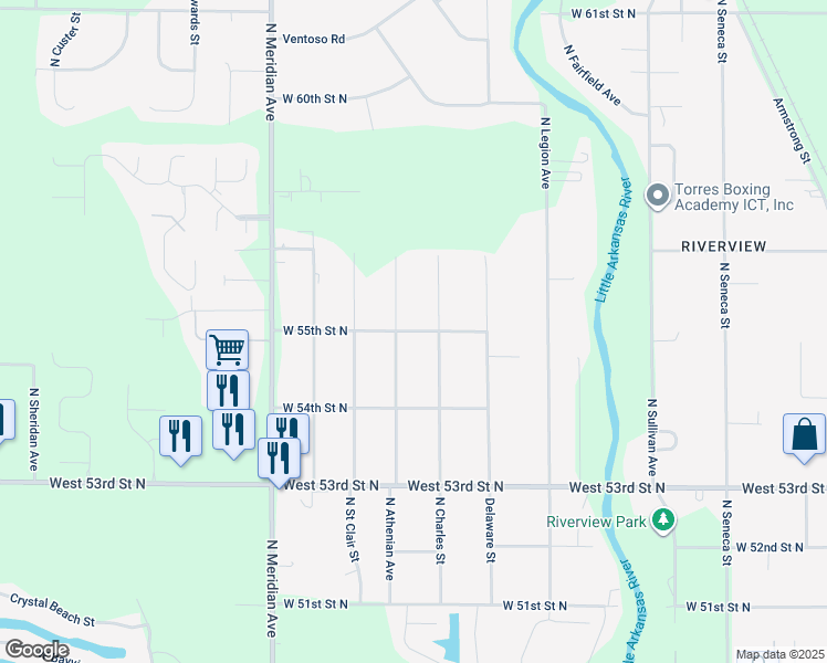 map of restaurants, bars, coffee shops, grocery stores, and more near West 55th Street North in Wichita