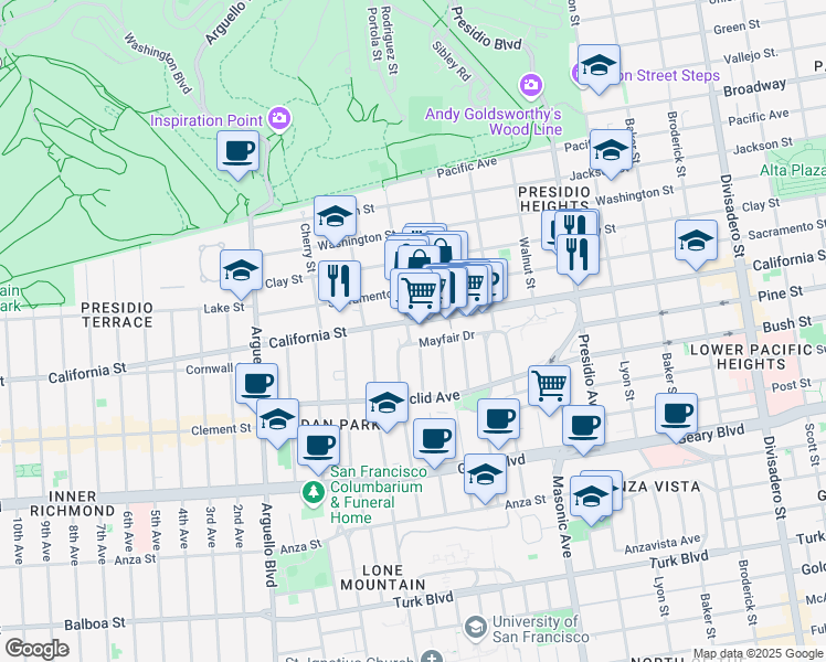 map of restaurants, bars, coffee shops, grocery stores, and more near 3530 California Street in San Francisco