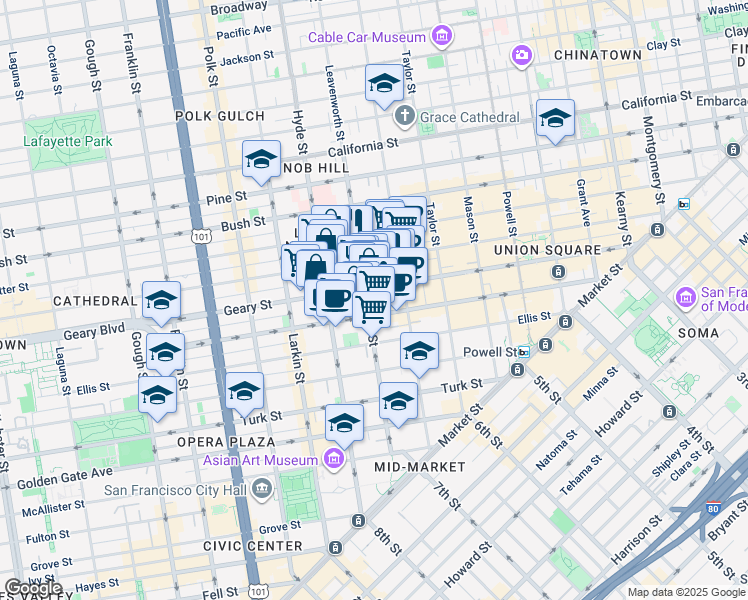 map of restaurants, bars, coffee shops, grocery stores, and more near 540 Leavenworth Street in San Francisco