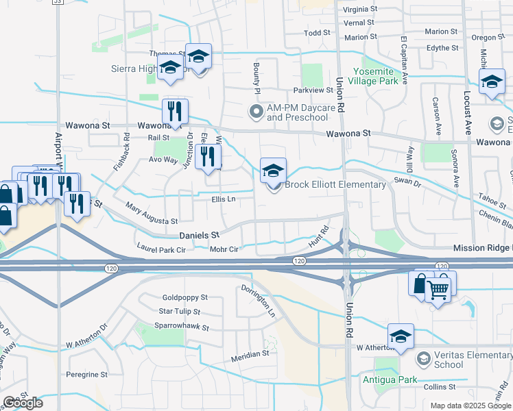 map of restaurants, bars, coffee shops, grocery stores, and more near 1110 Stonum Lane in Manteca