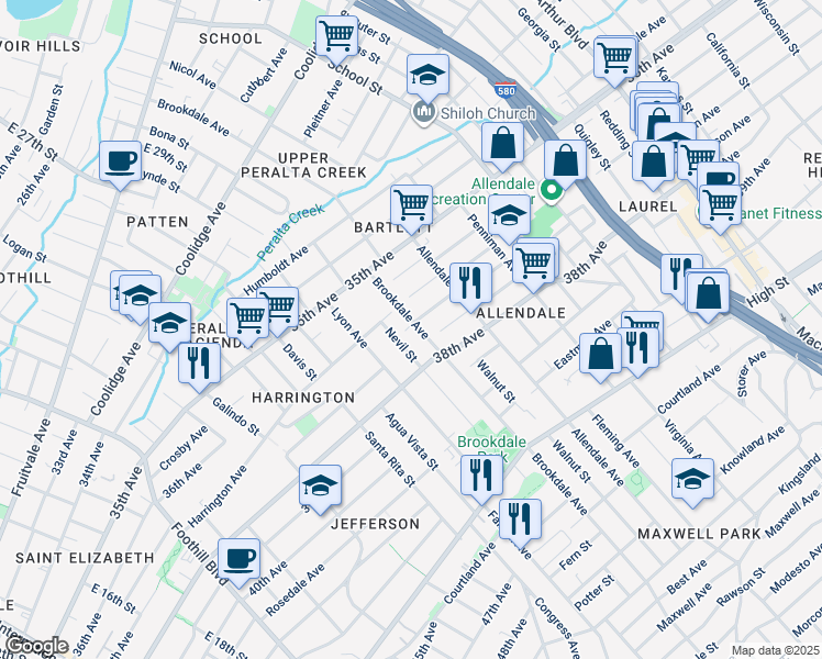 map of restaurants, bars, coffee shops, grocery stores, and more near 3709 Brookdale Ave in Oakland