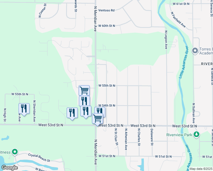 map of restaurants, bars, coffee shops, grocery stores, and more near 2400 West 55th Street North in Wichita