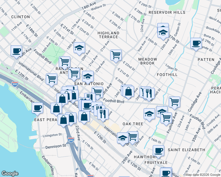 map of restaurants, bars, coffee shops, grocery stores, and more near 1736 23rd Avenue in Oakland