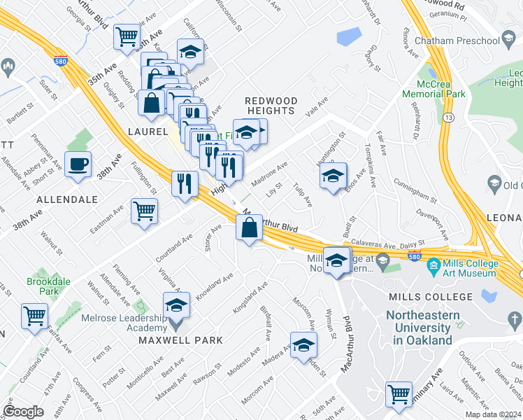 map of restaurants, bars, coffee shops, grocery stores, and more near 4463 Masterson Street in Oakland