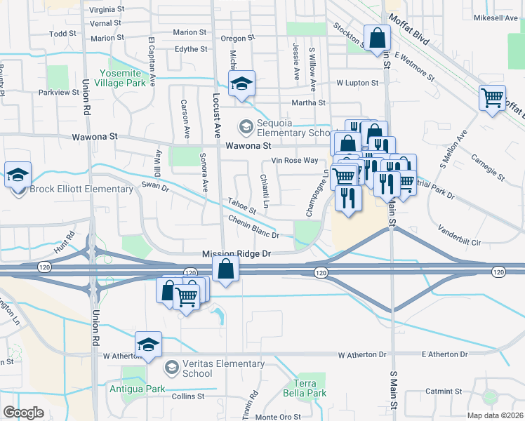 map of restaurants, bars, coffee shops, grocery stores, and more near 1161 Chianti Lane in Manteca