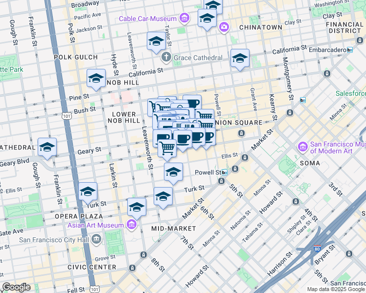 map of restaurants, bars, coffee shops, grocery stores, and more near 34 Shannon Street in San Francisco