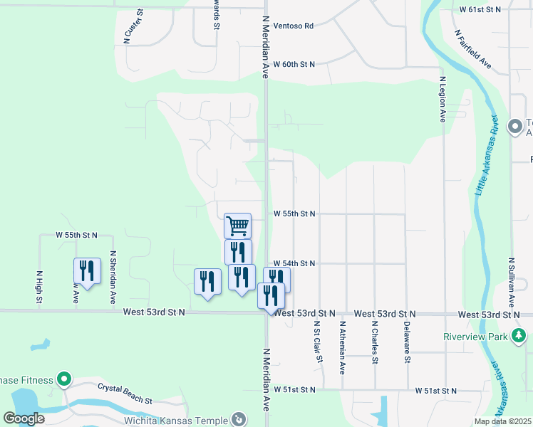 map of restaurants, bars, coffee shops, grocery stores, and more near 5601 North Meridian Avenue in Wichita