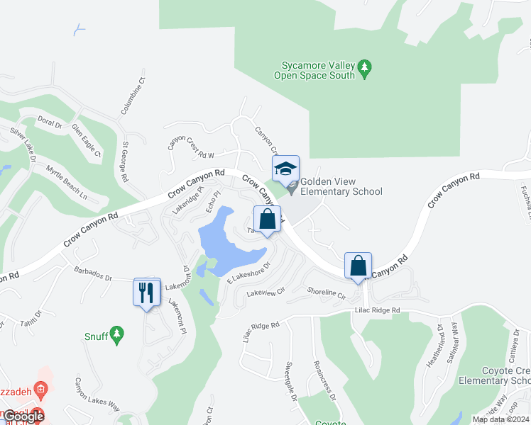 map of restaurants, bars, coffee shops, grocery stores, and more near 5025 Canyon Crest Drive in San Ramon
