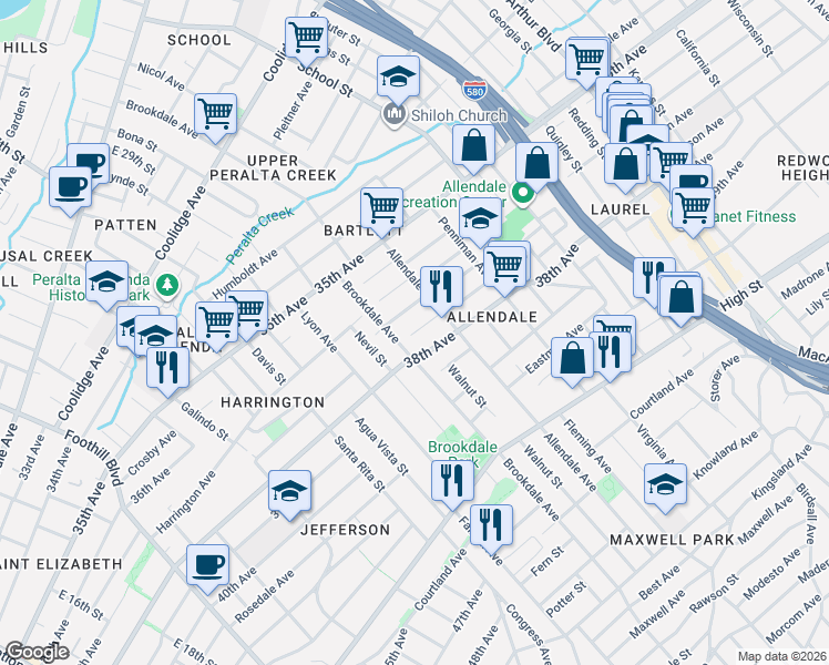 map of restaurants, bars, coffee shops, grocery stores, and more near 2618 Short Street in Oakland