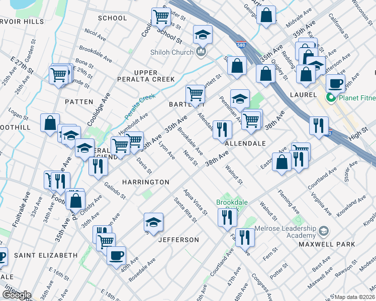 map of restaurants, bars, coffee shops, grocery stores, and more near 3600 Nevil Street in Oakland