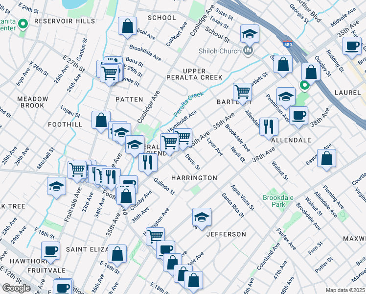 map of restaurants, bars, coffee shops, grocery stores, and more near 2316 Bartlett Street in Oakland