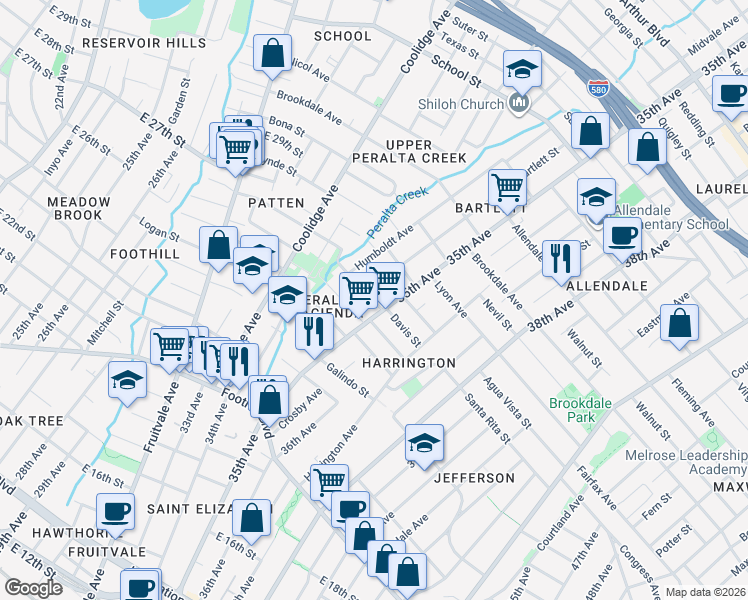 map of restaurants, bars, coffee shops, grocery stores, and more near 2316 Bartlett Street in Oakland