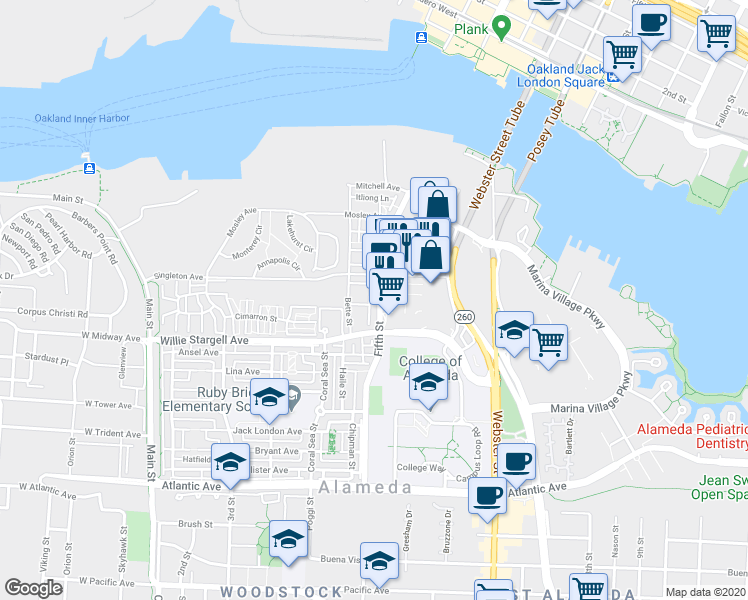 map of restaurants, bars, coffee shops, grocery stores, and more near 2683 Fifth Street in Alameda