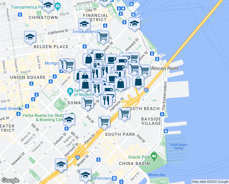map of restaurants, bars, coffee shops, grocery stores, and more near 530-534 Folsom Street in San Francisco