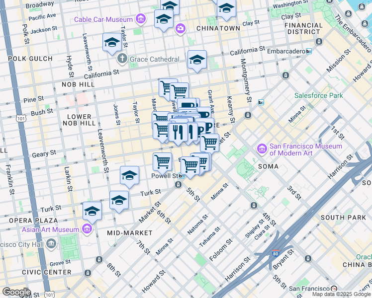 map of restaurants, bars, coffee shops, grocery stores, and more near in San Francisco