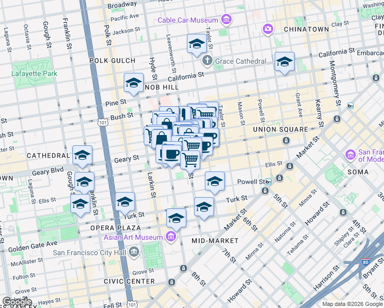 map of restaurants, bars, coffee shops, grocery stores, and more near in San Francisco