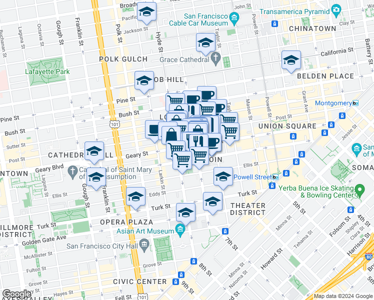 map of restaurants, bars, coffee shops, grocery stores, and more near 540 Leavenworth Street in San Francisco