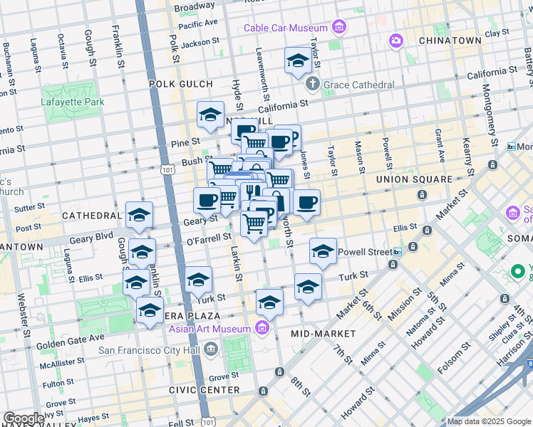 map of restaurants, bars, coffee shops, grocery stores, and more near 765 Geary Street in San Francisco