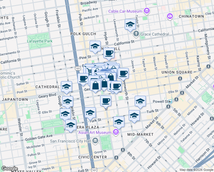 map of restaurants, bars, coffee shops, grocery stores, and more near 920 Larkin Street in San Francisco