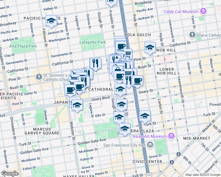 map of restaurants, bars, coffee shops, grocery stores, and more near 1407 Gough Street in San Francisco