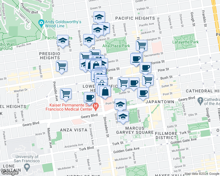 map of restaurants, bars, coffee shops, grocery stores, and more near 2510 Bush Street in San Francisco